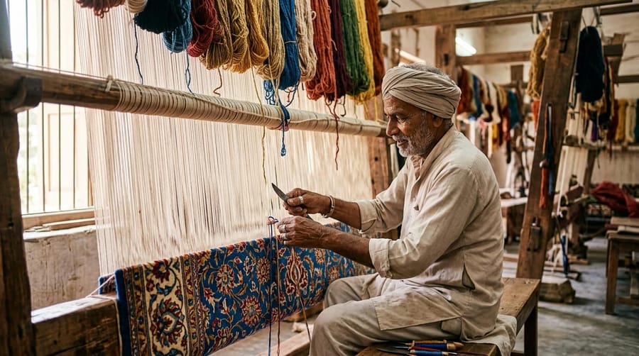 Master artisan weaving carpet on traditional wooden loom in Bhadohi